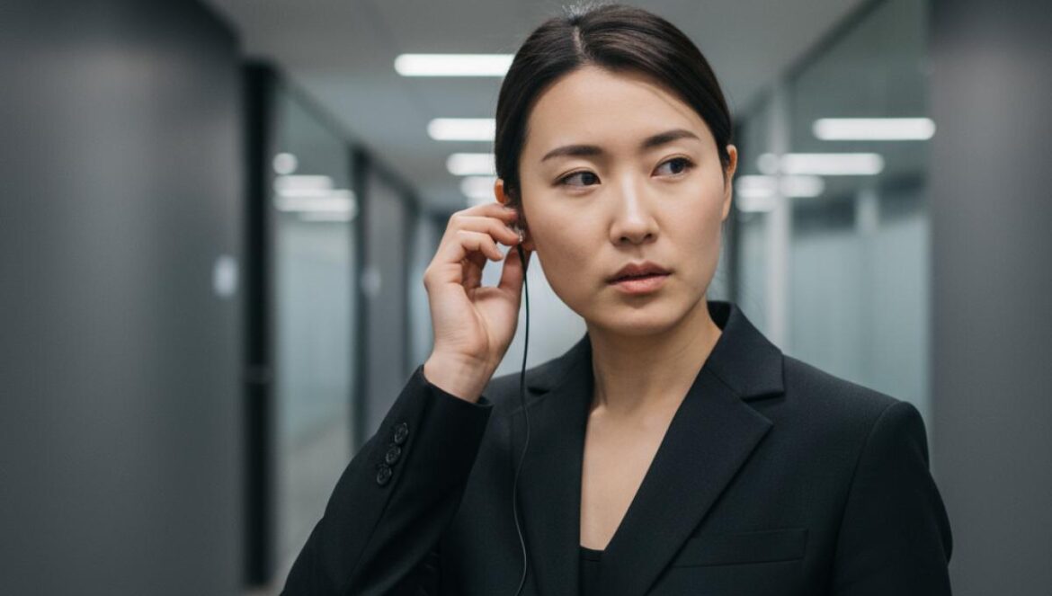 Shin’s Project revienta su récord (8,7%) y lidera la franja; Ms. Incognito debuta con giros y 2,4% Guardaespaldas coreana con auricular en pasillo moderno, mirada firme.