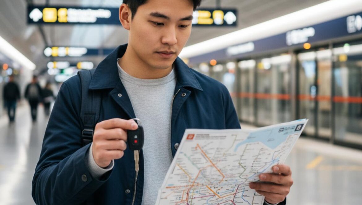 Singapur: el lujo de tener coche y el COE que lo encarece — así funciona el modelo que divide a la ciudad Joven asiático mira un mapa del metro sosteniendo una llave de coche, entre el dilema coche vs transporte público.