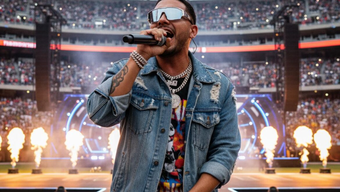 Super Bowl 2026: Bad Bunny lidera el halftime show que puede cambiar las reglas — claves y apuestas Cantante latino en el escenario del descanso de un gran estadio, luces vibrantes y público con móviles alzados.