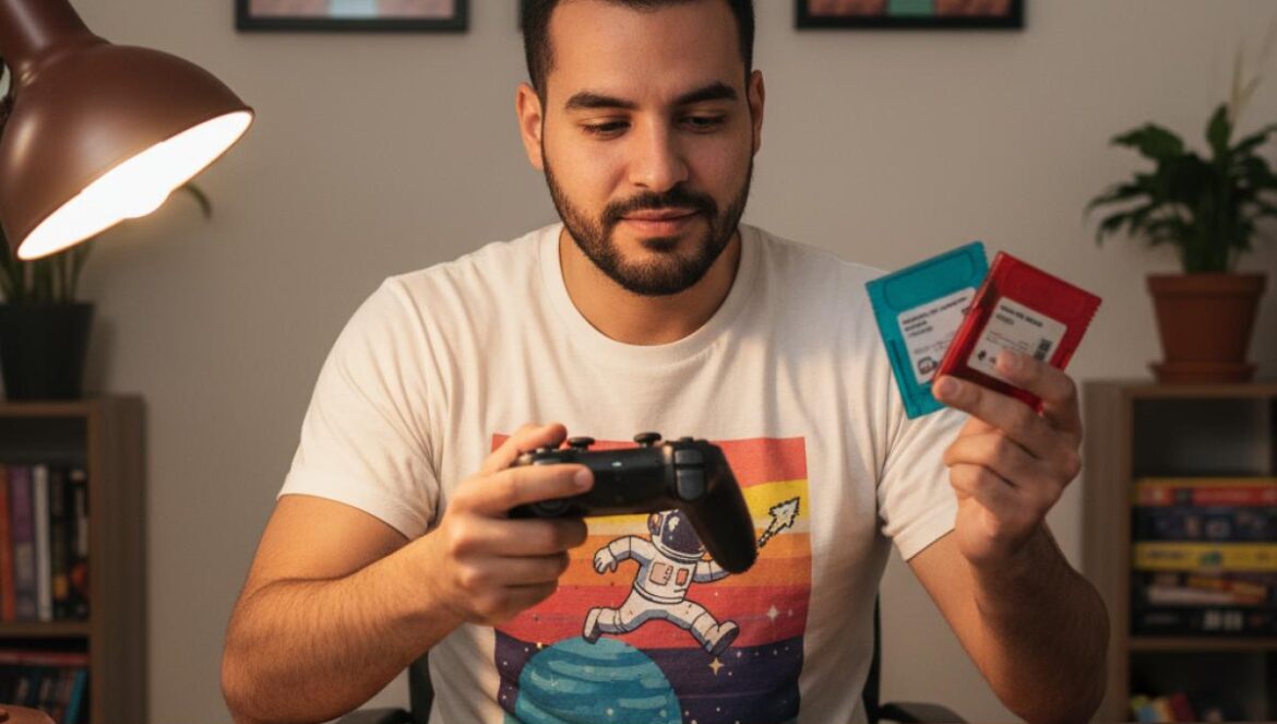 Joven comparando cartuchos y un mando moderno en un escritorio con pósters retro de plataformas.