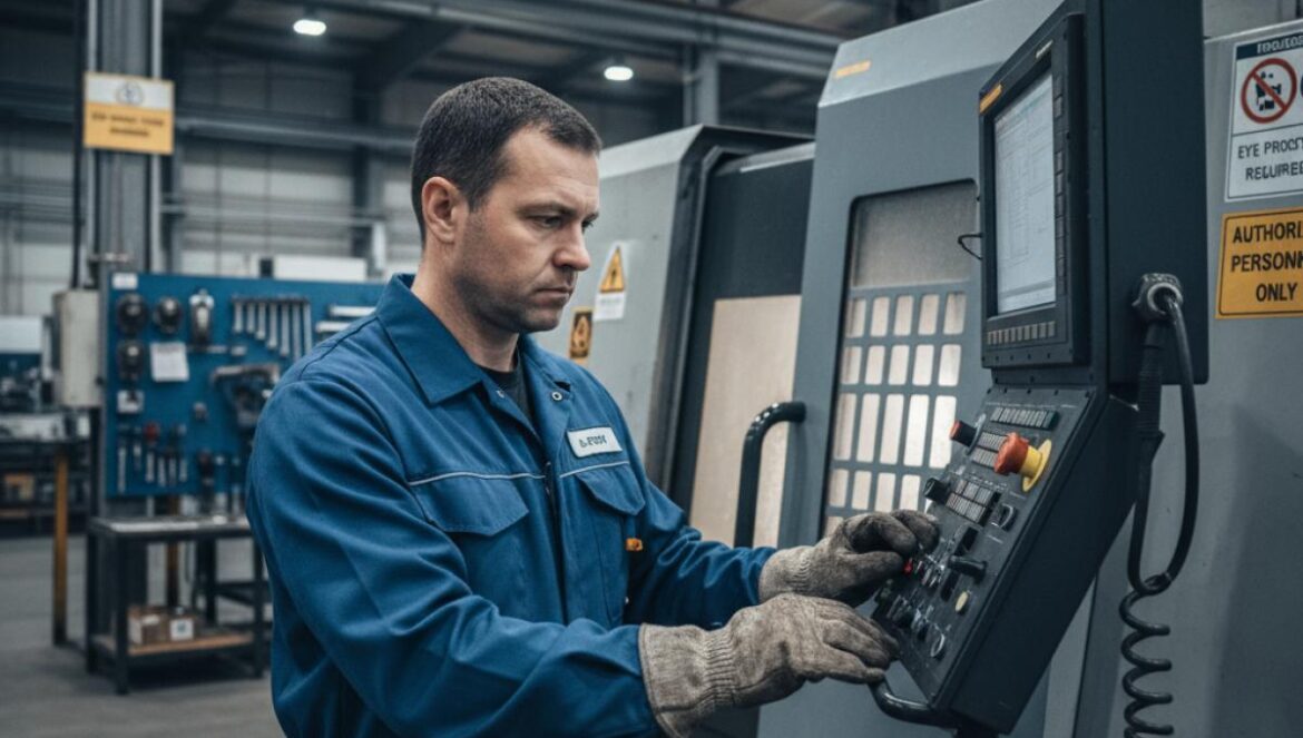 Tanques rusos con corazón occidental: Ucrania revela que Uralvagonzavod funciona con 260 máquinas europeas y asiáticas — el dato que puede estrangular su producción Técnico inspeccionando el panel de una CNC en una fábrica de blindados, con luces frías e interior metálico.