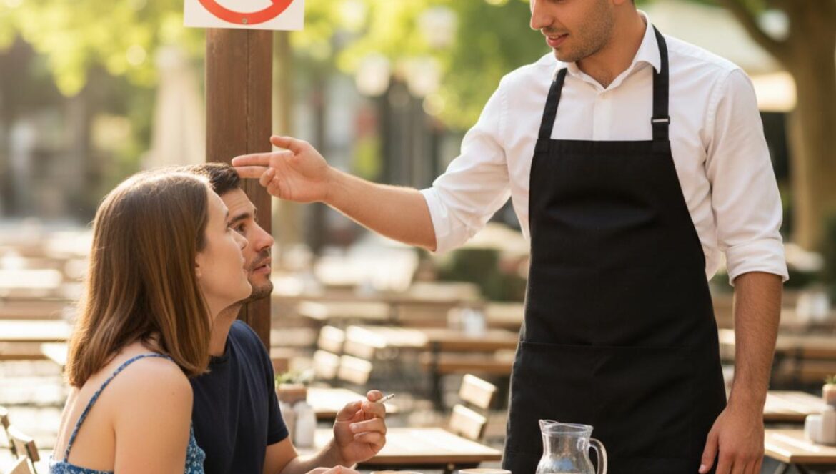 Terrazas sin humo y ley antitabaco: lo que nadie te contó desde dentro de la hostelería andaluza Camarero joven señala un cartel de no fumar en una terraza soleada, explicando la norma a dos clientes, con tapas y copas sobre la mesa.