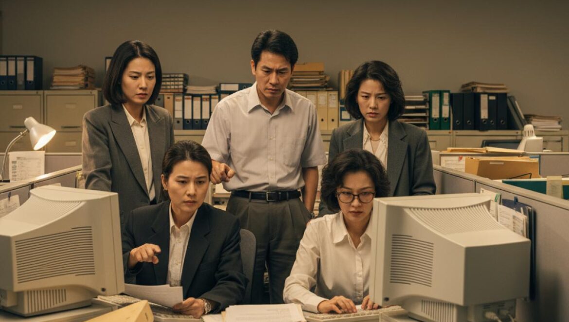 Typhoon Family: Lee Junho vuelve al drama y enciende la nostalgia del 97 con una lucha épica por salvar la empresa Equipo de oficina asiático noventero reunido frente a un escritorio, papeles y ordenadores antiguos, miradas decididas.