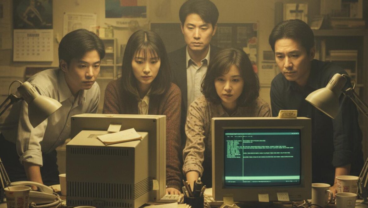 Typhoon Family revive 1997: la serie laboral coreana que España no ve venir (y que te va a emocionar) Equipo de oficina noventero coreano, papeles volando y ordenadores beige, unidos y sonrientes.