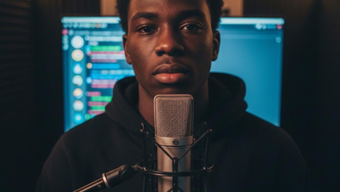 Veeze despierta con L.O.A.T.: Detroit rap que revienta el mood de Twitch, ironiza con el éxito y deja pistas de un álbum “soon” que podría cambiar el tablero Rapero joven en estudio, cantando al micrófono con una pantalla mostrando chat y emoticonos.