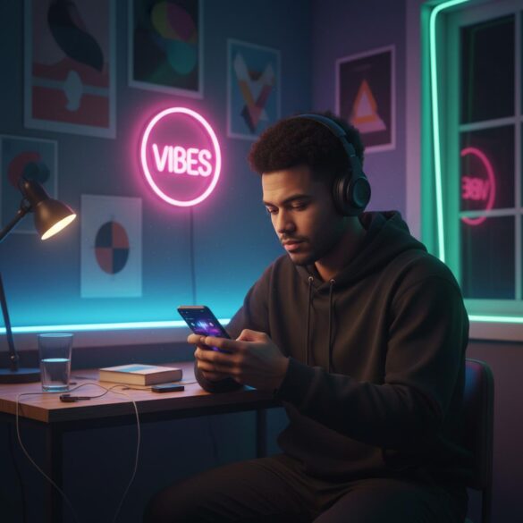 Joven con auriculares revisa una playlist en el móvil, rodeado de luces neón en su habitación.