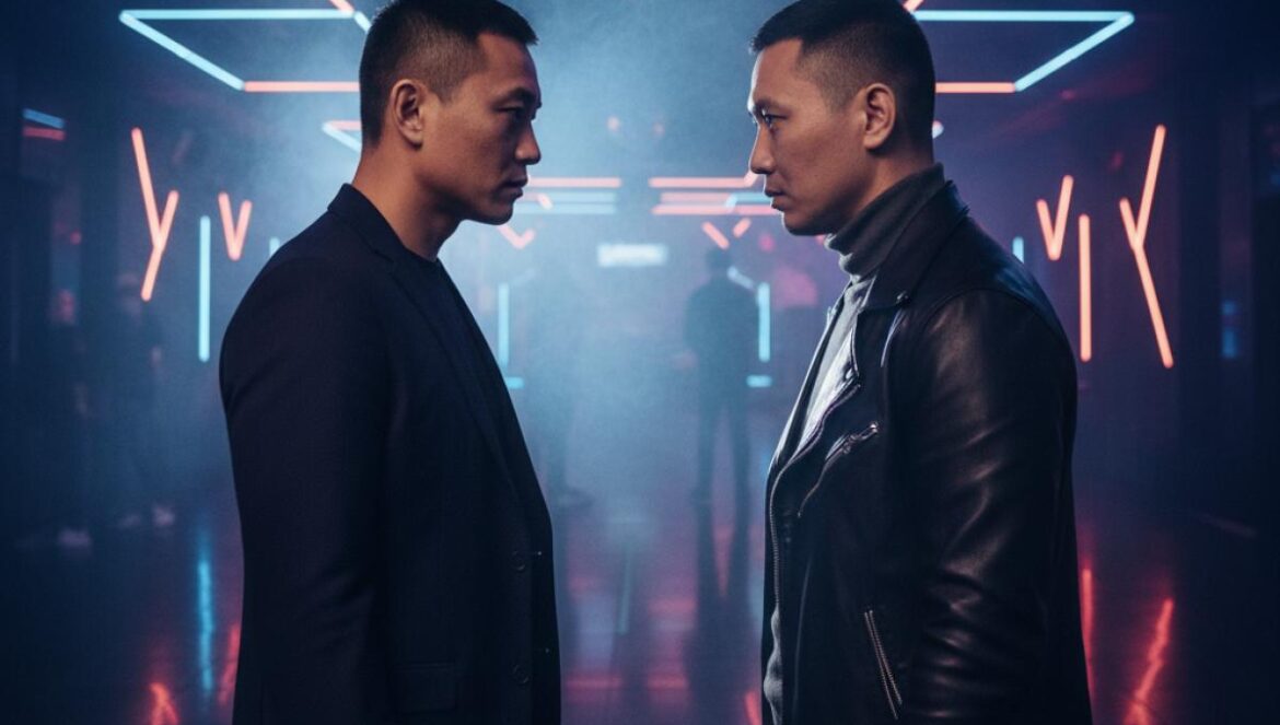 Walking on Thin Ice: duelo eléctrico entre Kim Young Kwang y Park Yong Woo Dos hombres asiáticos se enfrentan con miradas tensas en una discoteca de luces neón.