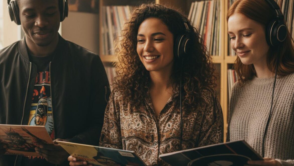 Wednesday, Joanne Robertson y Lola Young: 6 álbumes nuevos que rompen esquemas y merecen tu play Tres jóvenes hojean vinilos y comparten auriculares en una tienda acogedora, iluminada cálidamente.