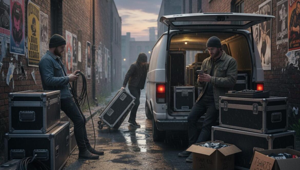 Wolf Alice y el rock hoy: girar es carísimo, la escena sigue viva Banda de rock independiente cargando equipo en una furgoneta en un callejón lluvioso, revisando gastos de gira entre cajas de merch y carteles desgastados.