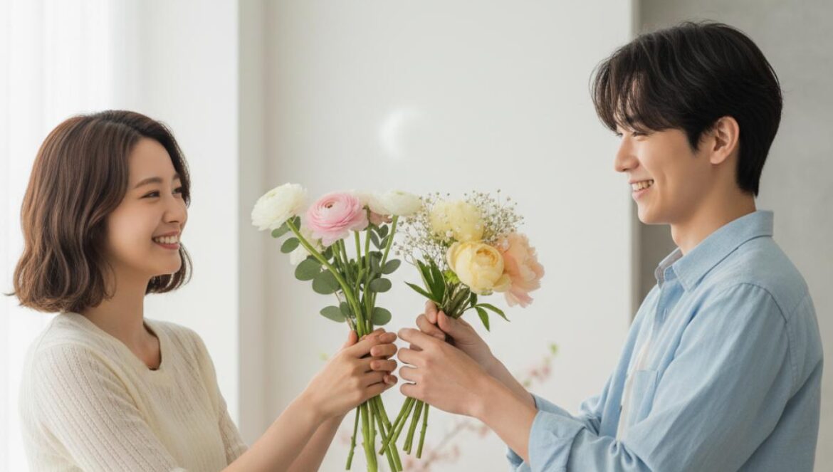 Would You Marry Me reaviva el matrimonio por contrato: flores, piso de lujo y Choi Woo Shik en modo rom‑com Pareja joven asiática se entrega flores en un set minimalista, con vibra de recién casados.