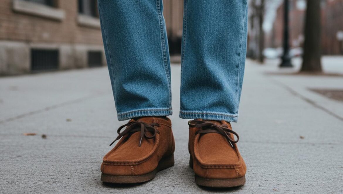 Zapatos Wallabee marrón canela en 2025: el comodín comfy‑chic que le pelea a los mocasines Zapatos tipo Wallabee en serraje marrón canela con suela crepé, combinados con vaqueros anchos en una calle urbana.