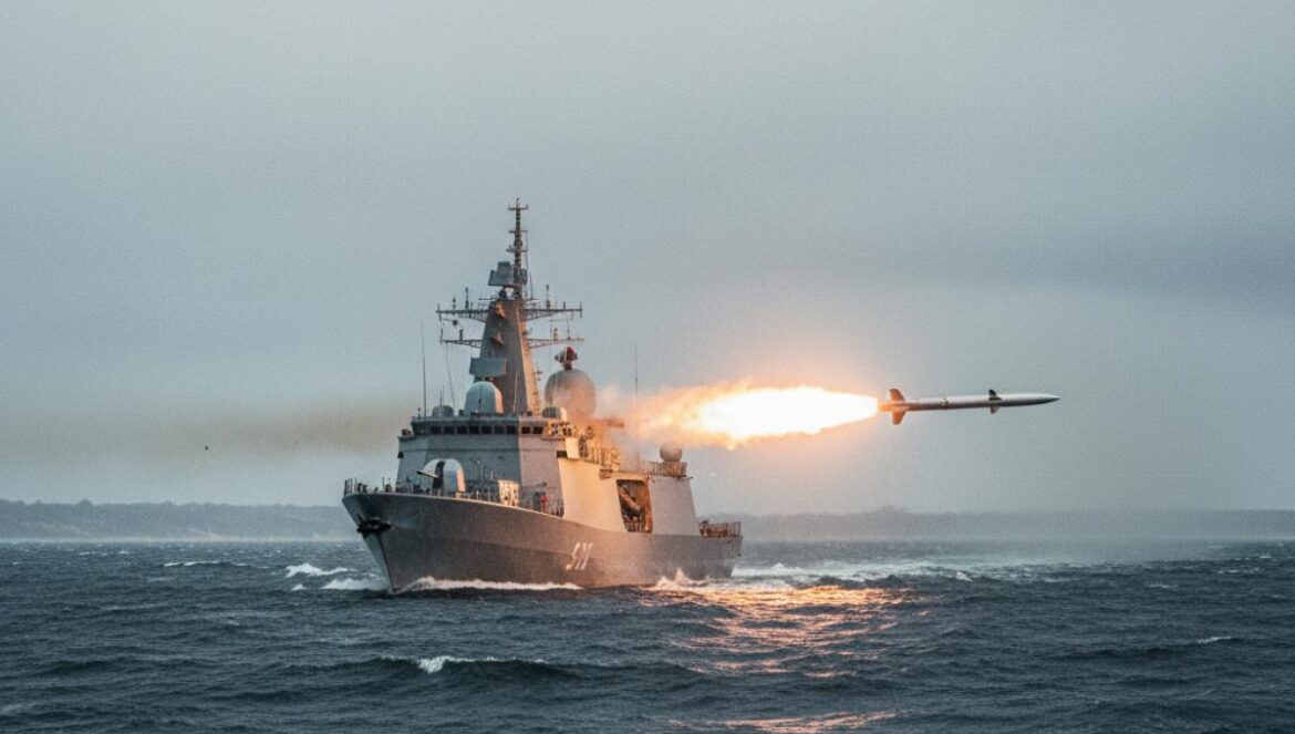 Zircon de Rusia enciende la OTAN: lanzamiento a Mach 9 y maniobras Zapad con sabor a provocación Fragata moderna lanza un misil hipersónico sobre un mar gris, con una estela brillante ascendiendo.