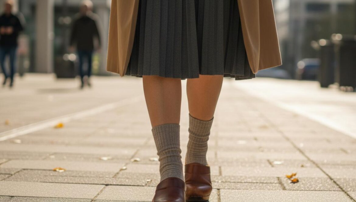 Zuecos de piel Pikolinos: el ugly‑chic que conquista oficinas y redes, con comodidad total Piernas con zuecos de piel y medias beige caminando por una vereda urbana con luz de otoño.