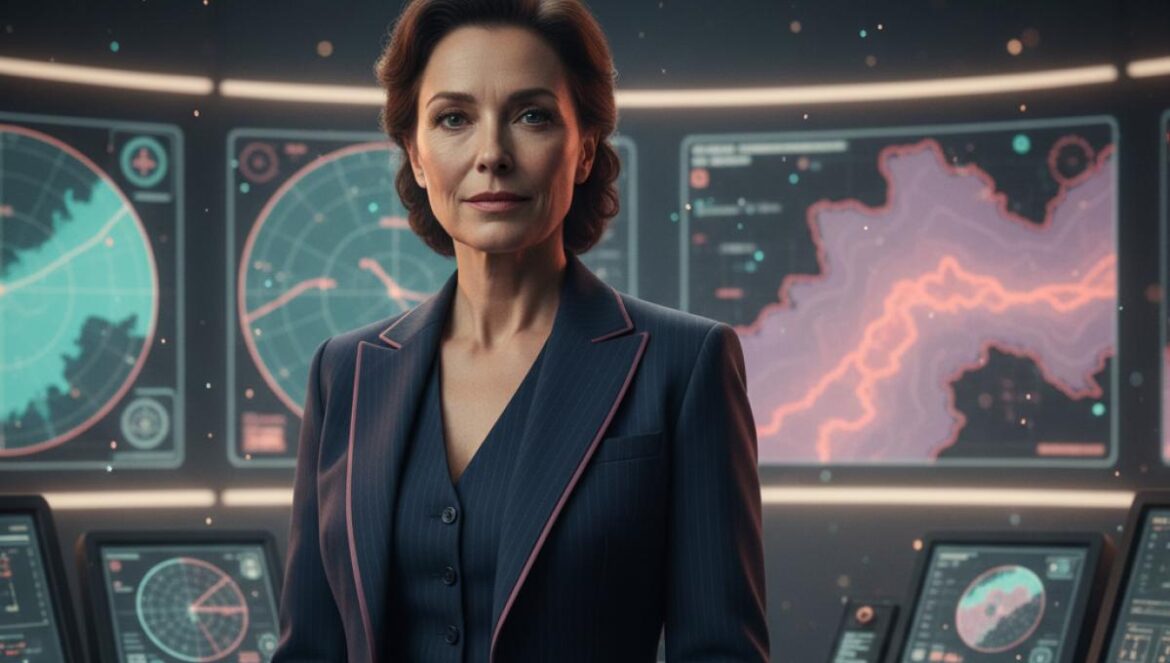 A House of Dynamite en Netflix: el thriller de Kathryn Bigelow que te deja 112 minutos sin respirar Mujer con traje oscuro frente a monitores de mapas y radares en una sala de control, gesto tenso.