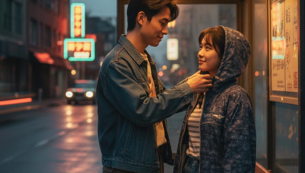 A Hundred Memories cambia las reglas: el episodio 7 promete romper la friendzone con nostalgia ochentera Pareja joven con ropa ochentera en una parada de autobús al atardecer, él ajusta su capucha con ternura.