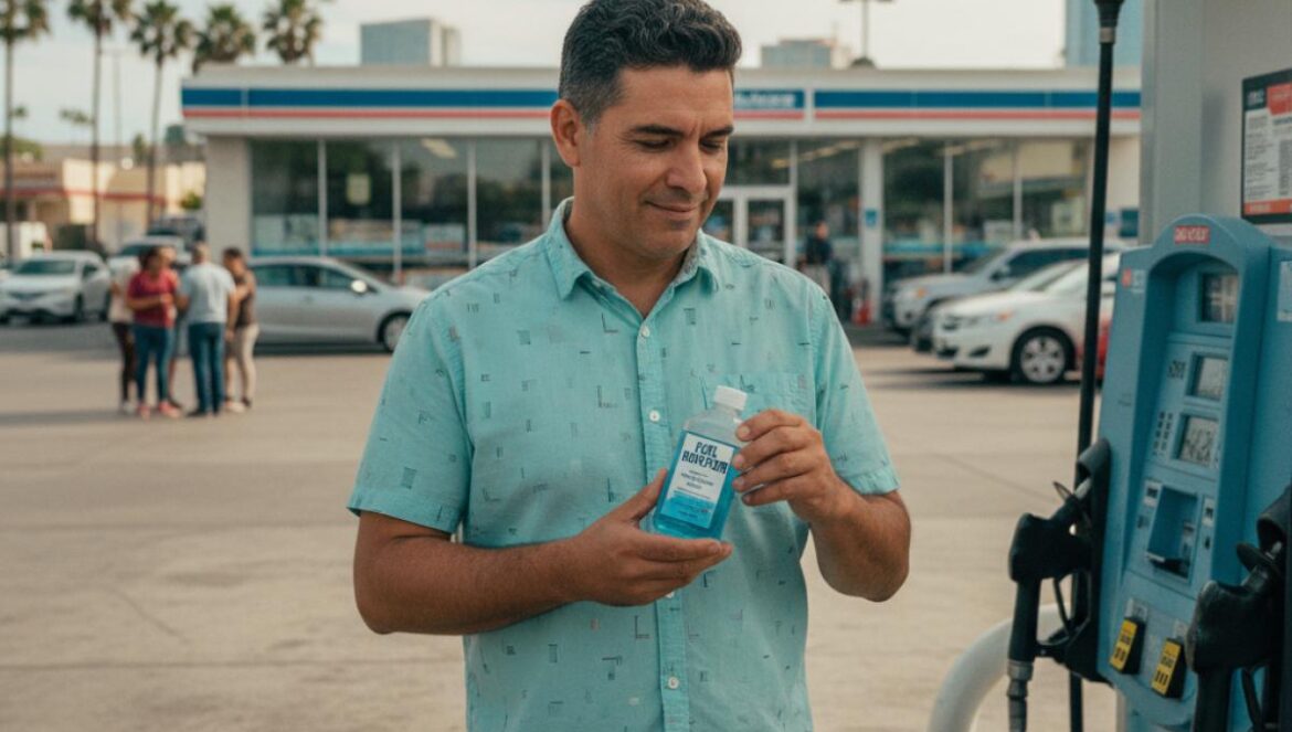 Aditivos para el coche: lo que nadie te cuenta y por qué casi no valen la pena según pruebas y mecánicos Conductor sostiene un aditivo junto al surtidor mientras duda si usarlo en su coche.