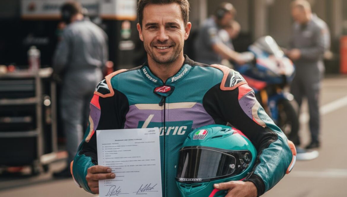 Álvaro Bautista reúne a 23 pilotos contra el peso mínimo en Superbikes: el giro que puede cambiar el WSBK Piloto en el paddock sosteniendo un casco y una hoja con firmas, con boxes de fondo.