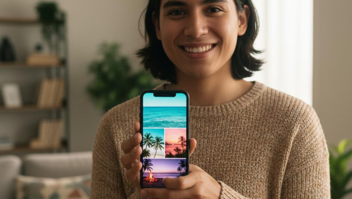 Apps de IA de vacaciones falsas: así se vende el “soft life” con fotos tuyas por unos dólares Joven latino observa en su móvil fotos de vacaciones generadas por IA en una sala iluminada.