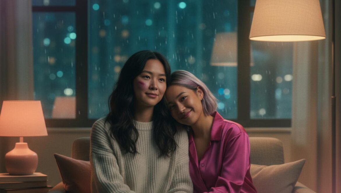 As You Stood By en Netflix: dos amigas contra el abuso, un plan extremo y un teaser que no te suelta Dos mujeres jóvenes asiáticas sentadas en un sofá, una con un moretón visible, en un piso urbano de noche.