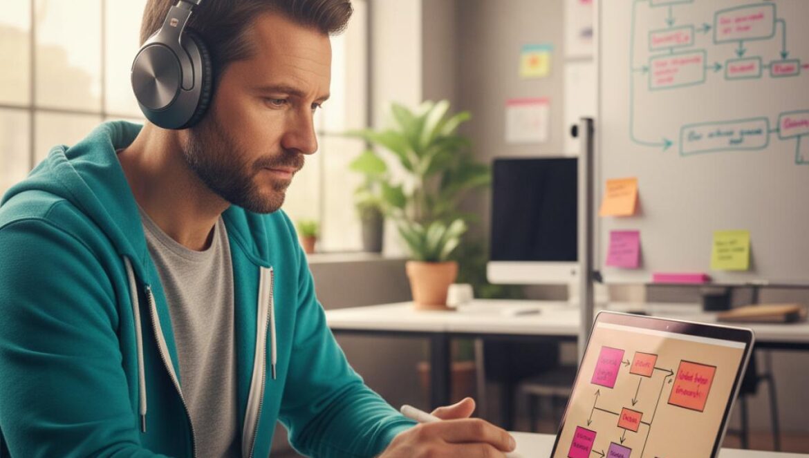 Assassin’s Creed cambia de mando: el adiós forzado de Côté y la apuesta Tencent que reordena todo Desarrollador de videojuegos mirando un portátil con notas adhesivas y un esquema de reestructuración en una oficina moderna.