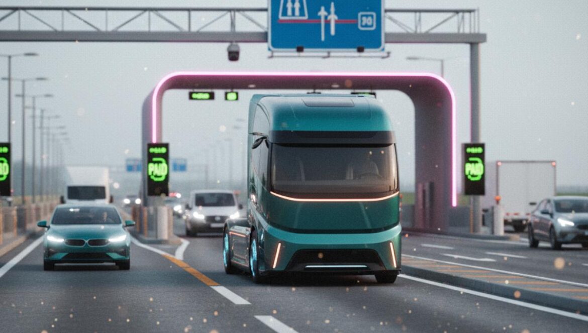 Autopistas gratuitas para camiones eléctricos en la UE hasta 2031: el empujón que puede cambiar la logística Camión eléctrico cruza una estación de peaje en una autopista europea, sin barrera bajada.