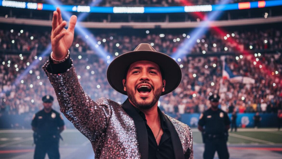 Bad Bunny en la Super Bowl 2026: ¿por qué ICE vigilará el show y qué se juega la cultura latina? Cantante latino actuando en un estadio abarrotado durante el medio tiempo, luces rojas y azules y seguridad discreta al fondo.