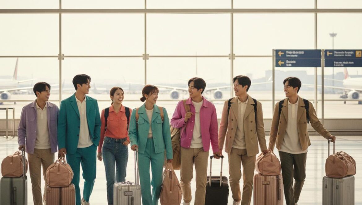 Bon Appétit, Your Majesty: el elenco viaja a Vietnam — lo que revela este ‘reward trip’ sobre su éxito Reparto y staff jóvenes con maletas avanzan por un aeropuerto luminoso rumbo a un viaje.