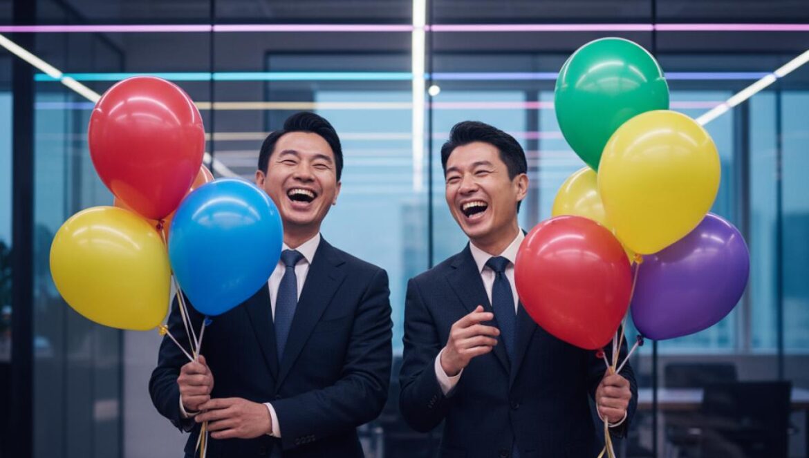 Boss arrasa en Chuseok: 1 millón en 5 días, el porqué del fenómeno de la comedia mafiosa coreana Dos hombres asiáticos en traje celebran con globos y confeti en una oficina, riendo a cámara.