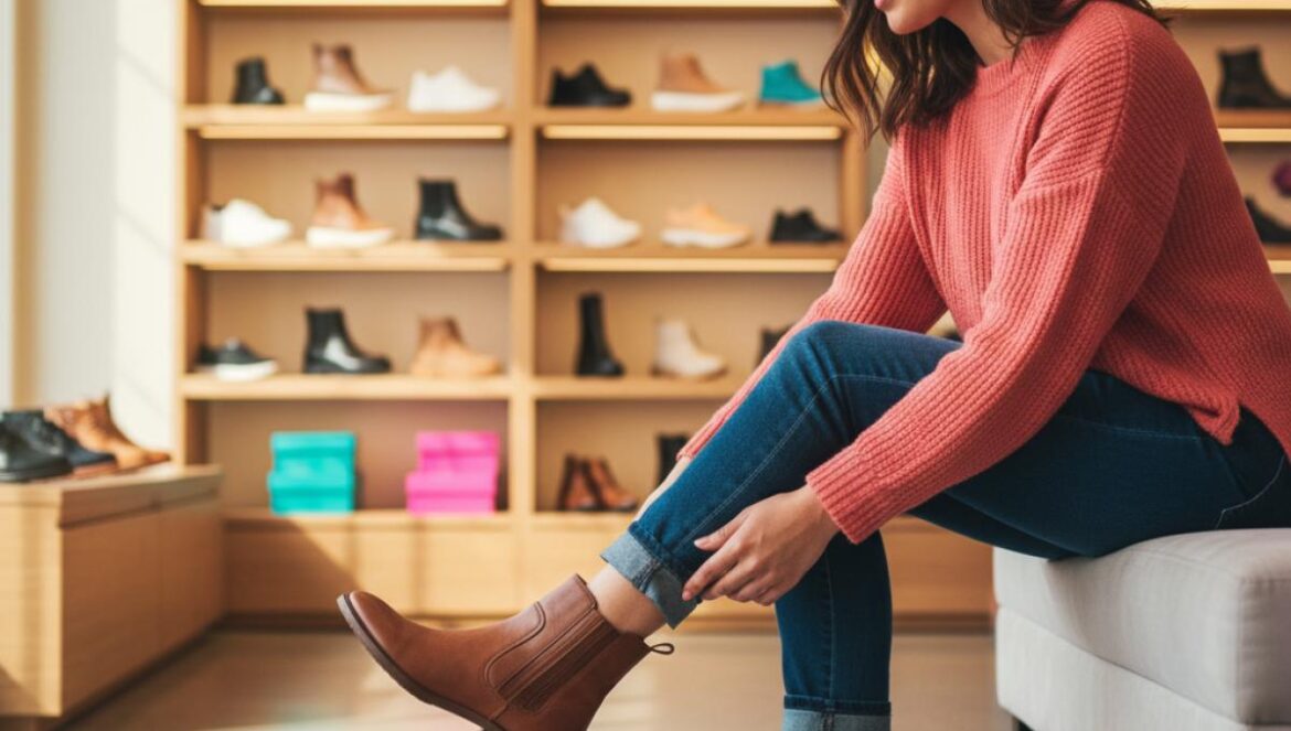 Botines Pikolinos rebajados en los 8 Días de Oro: guía consciente para elegir, combinar y hacerlos durar Mujer probándose botines de piel marrón en una tienda, vista de cintura, estantes al fondo y luz cálida.