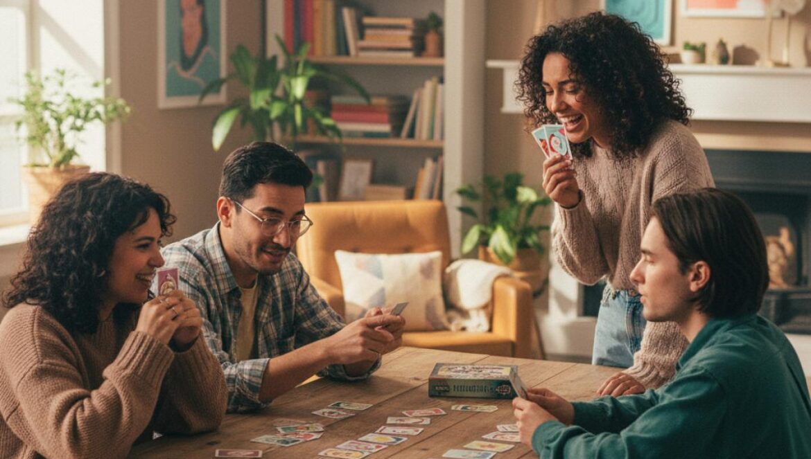 Cards Against Humanity revienta a Elon Musk con un pack gratis: humor, activismo y límites en la era Internet Grupo de jóvenes jugando cartas satíricas en una mesa de madera en un living luminoso.