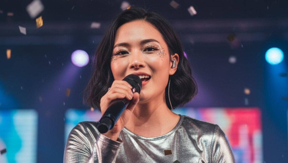 Chaeyoung de TWICE en Billboard: el dato que confirma su salto de rapera a artista total global Cantante asiática joven, centro del encuadre, micrófono en mano, luces de escenario y confeti, estética pop elegante.