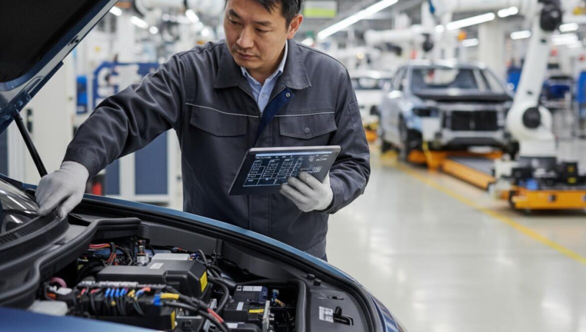 China endurece exportación de autos eléctricos: adiós a coches baratos sin refacciones desde 2026 Ingeniero revisa un auto eléctrico en una línea de ensamblaje, tablet en mano.