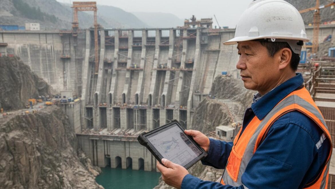 China va por la presa hidroeléctrica más grande: ¿otra megaobra capaz de alterar la rotación de la Tierra? Ingeniero con casco inspecciona una enorme presa en un cañón de alta montaña con río caudaloso al fondo.