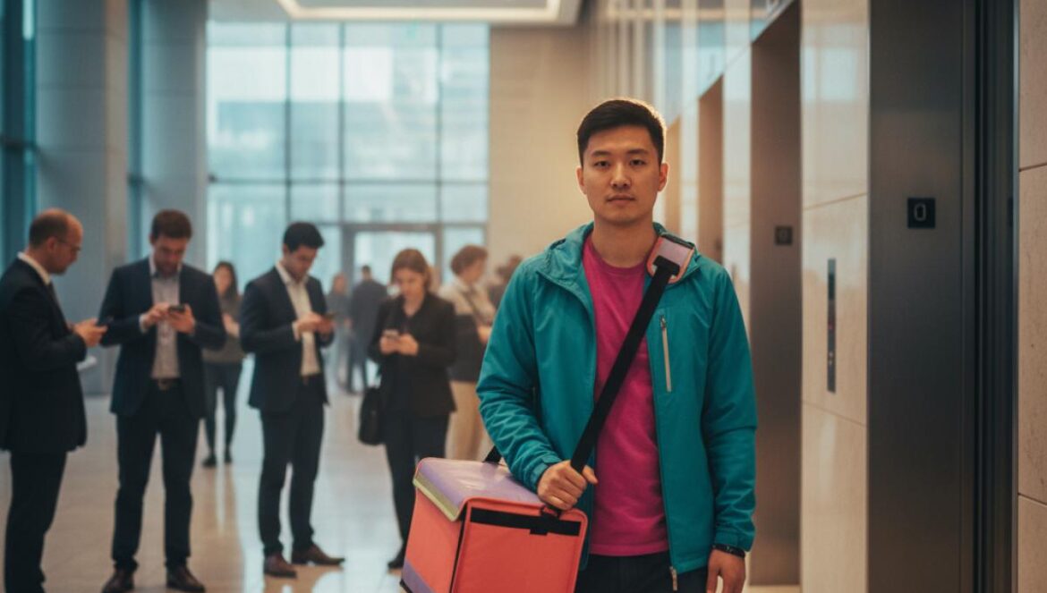 China y sus rascacielos crean un nuevo oficio: ‘repartidores de ascensor’ en la era de la comida a domicilio Repartidor con bolsa térmica esperando un ascensor lleno en el lobby de un rascacielos moderno.