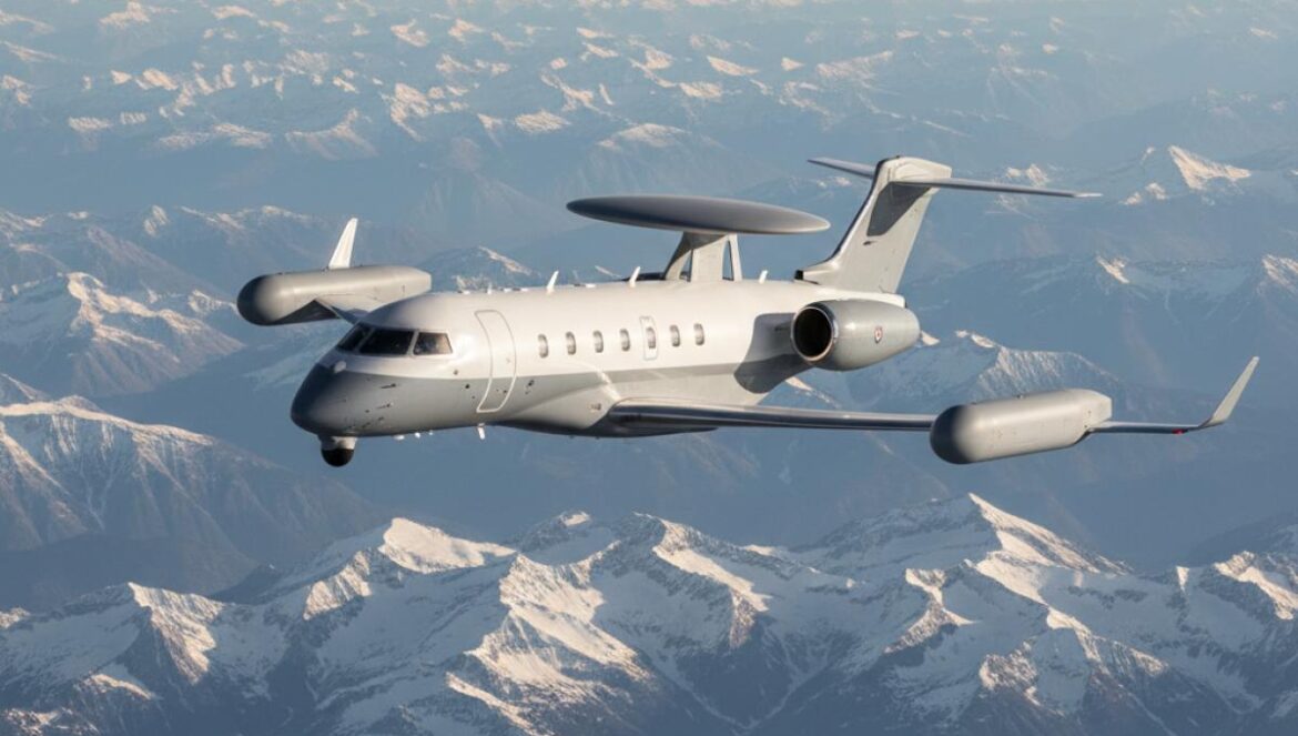 Corea del Sur apuesta por radar volante: cuatro aviones de alerta temprana que reescriben la vigilancia del Norte Jet ejecutivo militarizado con carenados de radar laterales volando sobre montañas, cielo claro.