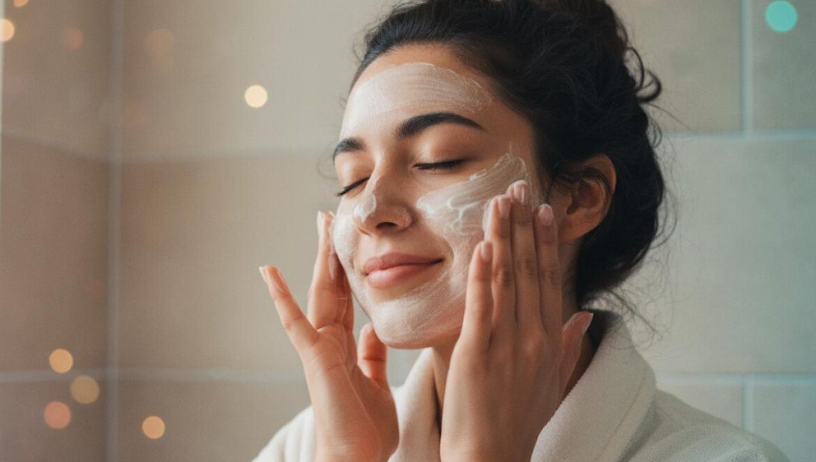 Crema Nivea + masaje facial: así la potencias para suavizar arrugas y sellar hidratación, con ciencia y sin humo Mujer joven aplicándose crema en el rostro mientras realiza un masaje facial suave en el baño