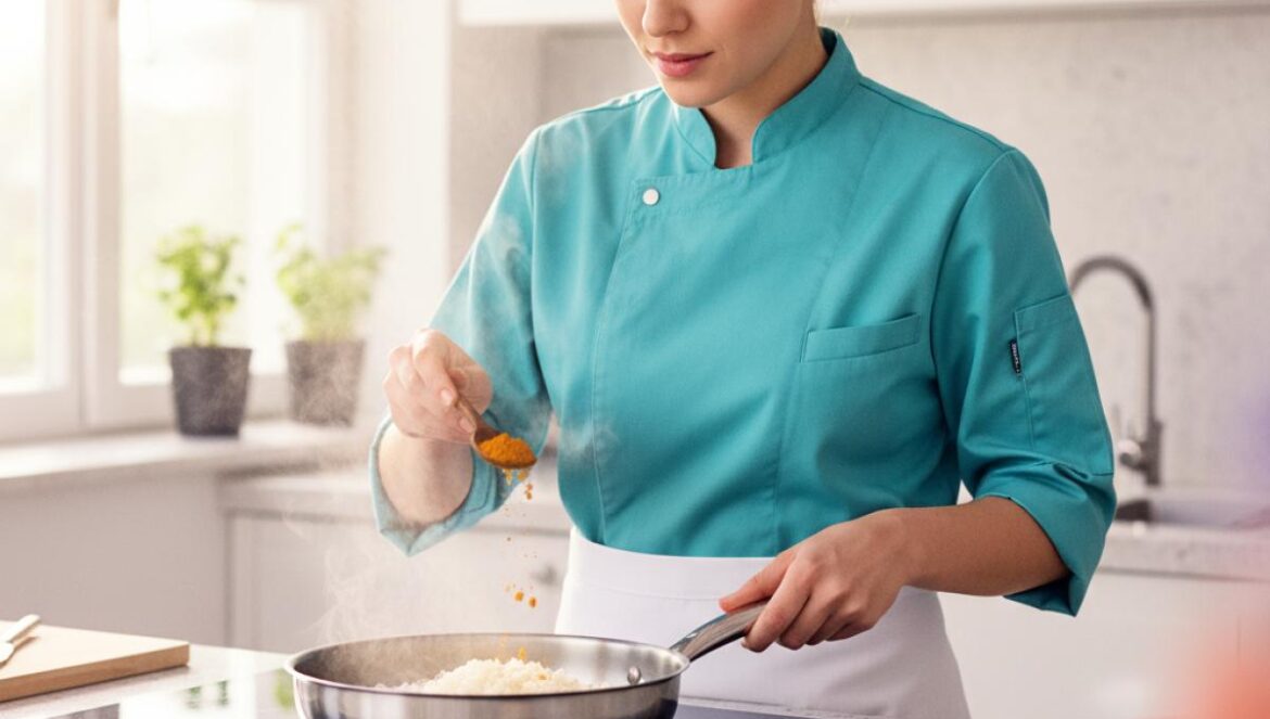Cúrcuma en el arroz: el hack saludable que uso en Cádiz para azúcar estable y sabor brutal Cocinera añadiendo cúrcuma molida a una sartén con arroz, en una cocina luminosa.