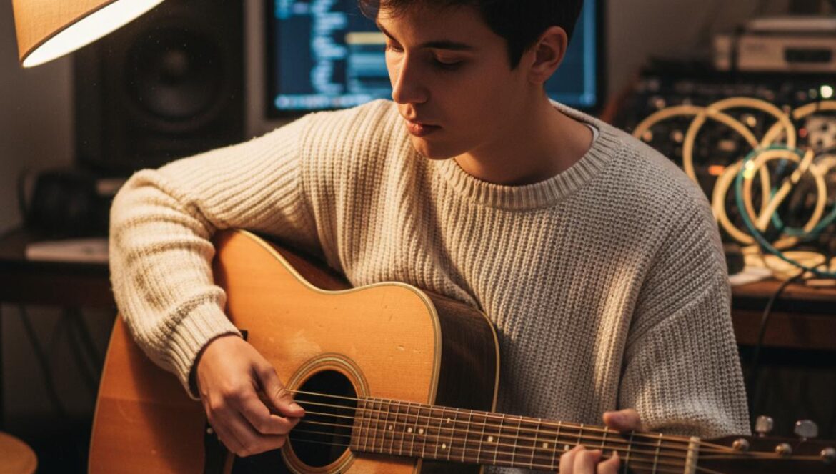 Daffo y Where the Earth Bends: lo que nadie te contó sobre amar, girar y romper el sueño indie Músico andrógino con guitarra en estudio casero, mirando letras a mano bajo luz cálida.