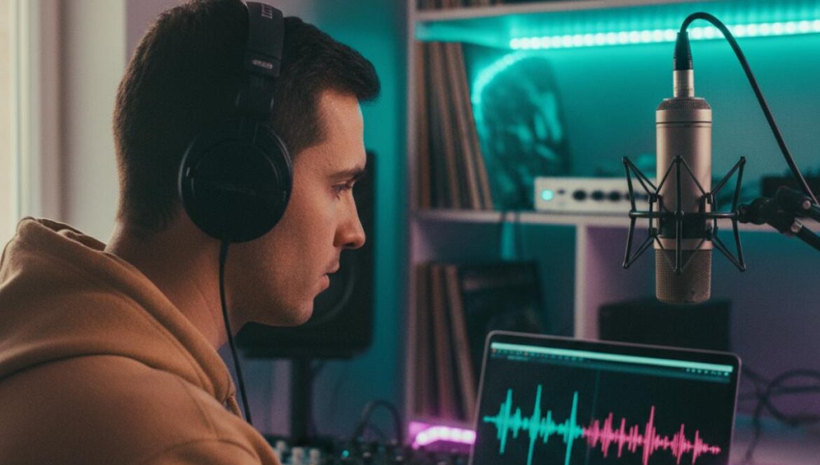 Demanda por copyright contra Suno: las majors atacan por ‘anticircunvención’ y elevan el riesgo para la IA musical Productor joven con audífonos revisa una pista con forma de onda en un portátil, en estudio casero con micrófono y monitores.