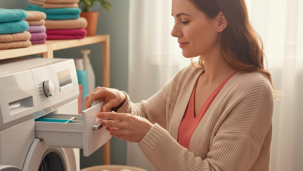 Detergentes en polvo o líquidos: igual de eficaces, pero este gesto en la lavadora lo cambia todo Mujer ajusta la pestaña del cajón del detergente en una lavadora doméstica iluminada.