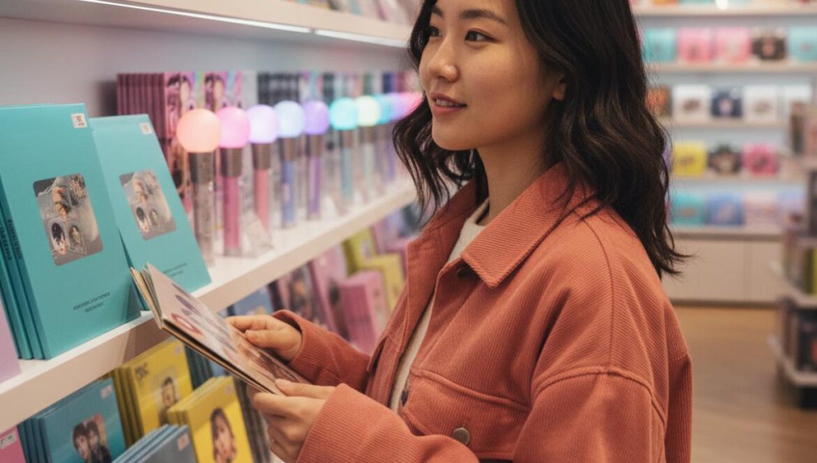 Joven comprando álbumes y lightsticks en una tienda de K‑pop en Seúl.