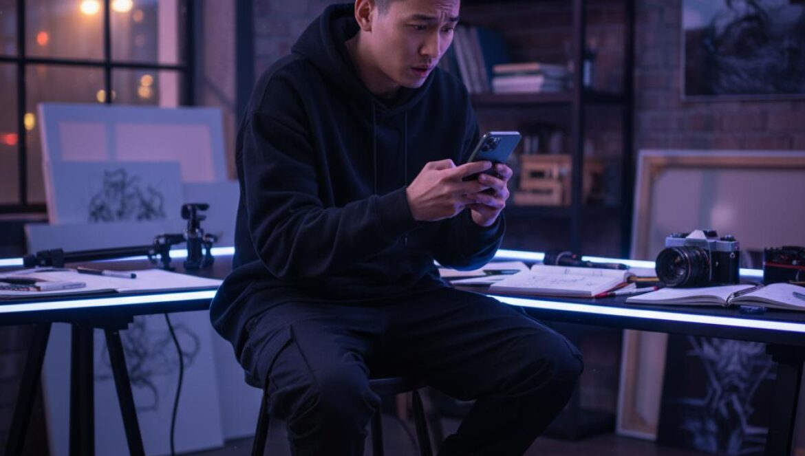 DPR IAN en crisis: acusaciones de traición y deuda sacuden a DPR — claves, contexto y salud mental Artista asiático joven, con ropa negra, mira el móvil con gesto tenso en un estudio con luces neón y equipo creativo.