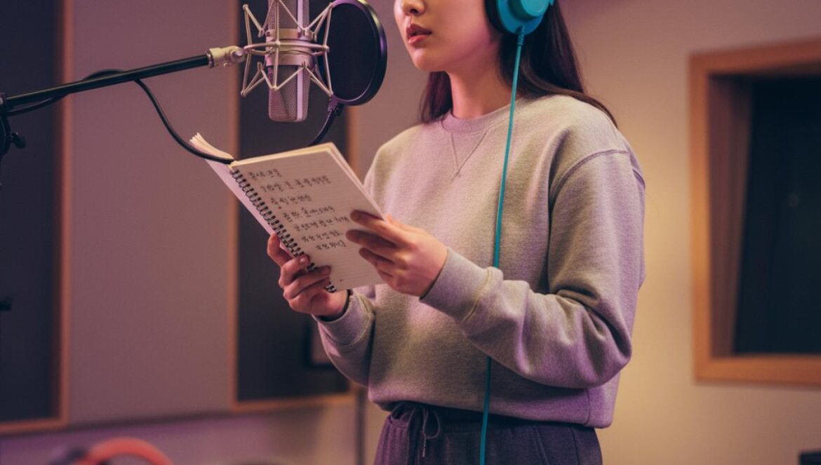 EJAE en You Quiz: del resentimiento al hit global con Kpop Demon Hunters y su renacer tras SM Entertainment Cantante asiática con auriculares grabando en estudio, sosteniendo un cuaderno con letras en coreano frente a un micrófono.