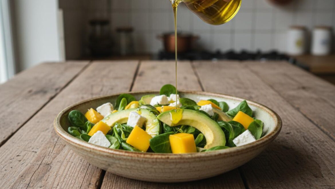 Ensalada de aguacate y mango: la cena ligera que enciende las redes con 4 ingredientes (sin lechuga) Bol de ensalada con mango, aguacate, canónigos y queso fresco, con aceite de oliva por encima.