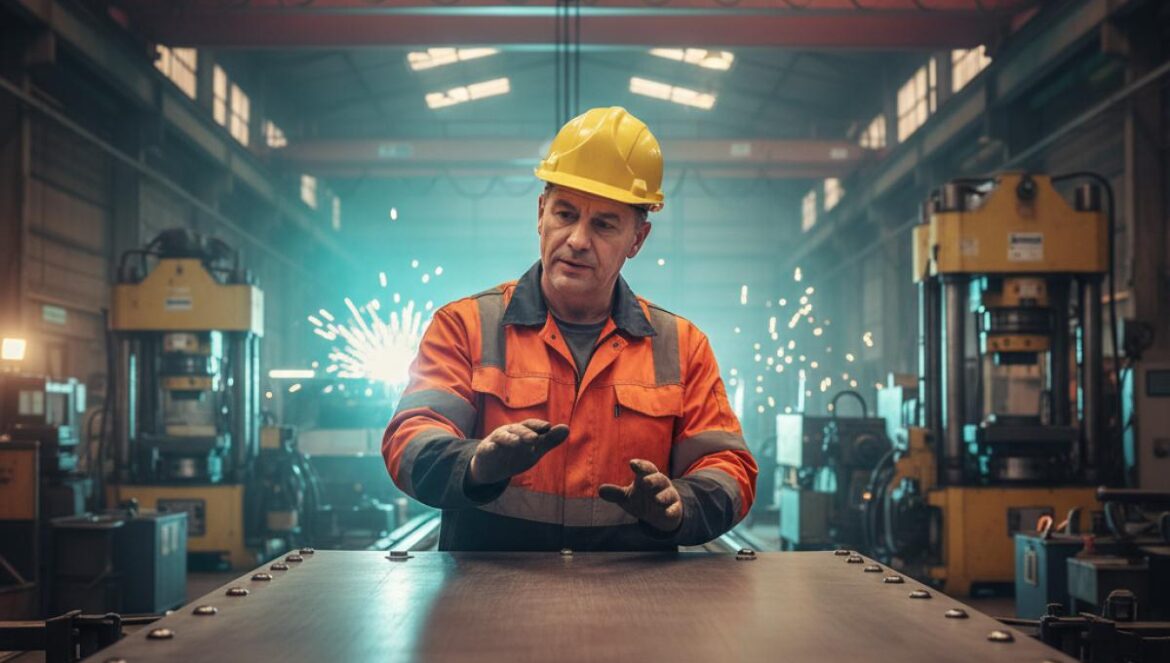Fábrica de tanques en Görlitz: del mito ferroviario alemán al músculo del rearme europeo Operario en casco y chaleco revisa planchas de acero blindado en una nave industrial reconvertida.