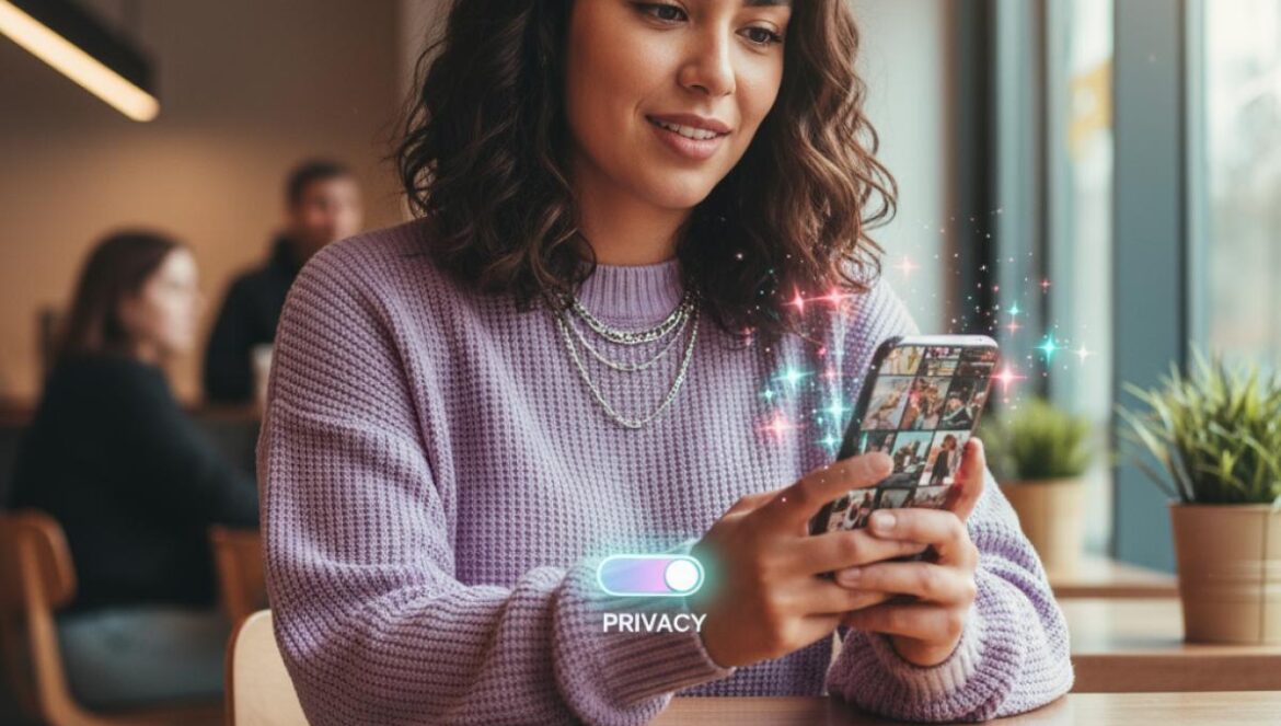 Facebook te pide acceso a tu carrete: la IA sugiere ediciones y podría entrenarse con tus fotos Joven mirando su galería en el móvil con un aviso de activar IA y un interruptor de privacidad, en un café moderno.