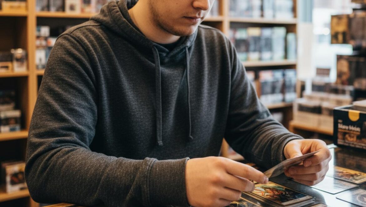 Final Fantasy en Magic: The Gathering revienta otra vez: cajas agotadas, arte brutal y un truco para comprarlas Jugador joven revisa cartas de fantasía en una tienda, sosteniendo sobres y una caja de colección sobre el mostrador.