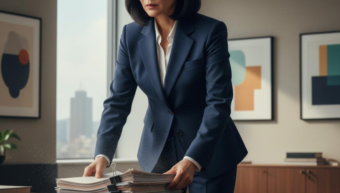 First Lady sube la tensión: la furia de Lee Min Young rompe alianzas y enciende el K‑drama político del momento Mujer coreana de traje azul marino, furiosa, golpea expedientes sobre un escritorio en una oficina gubernamental moderna.