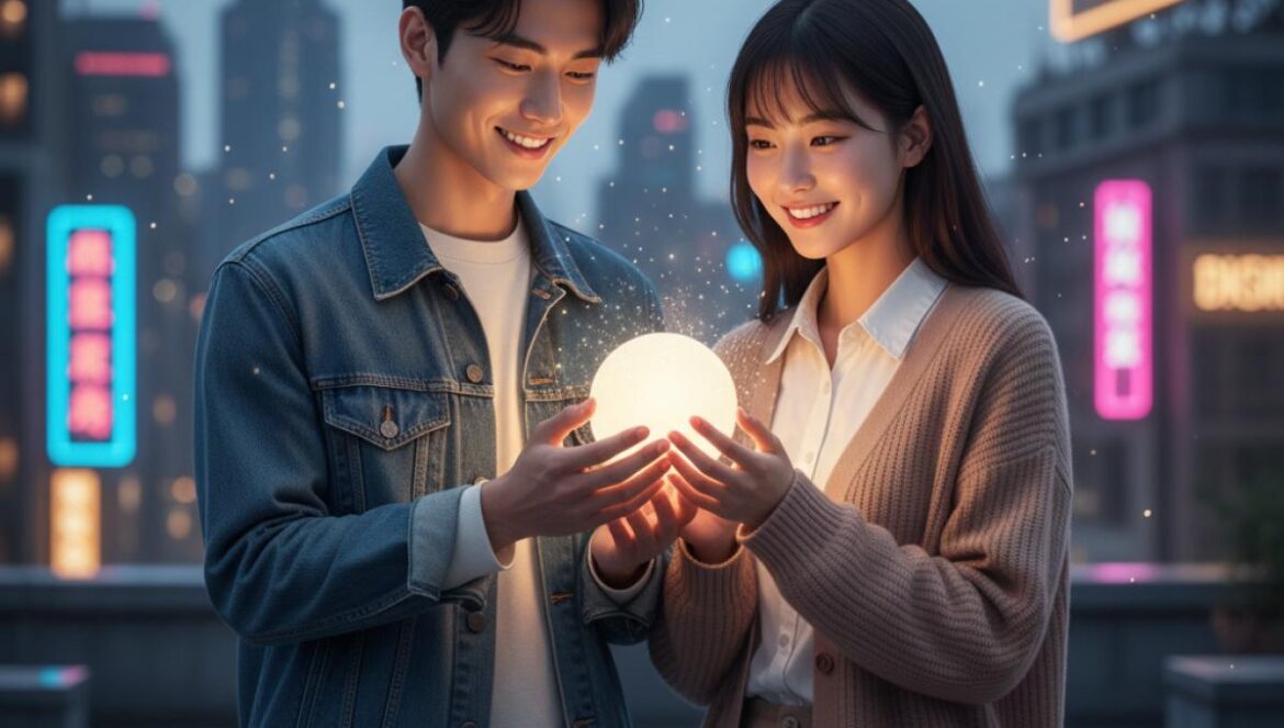 Genie, Make A Wish arrasa en Netflix pero divide al fandom: rankings, polémica y química explosiva Pareja joven asiática, de pecho hacia arriba, sosteniendo una esfera luminosa en un tejado urbano al atardecer.