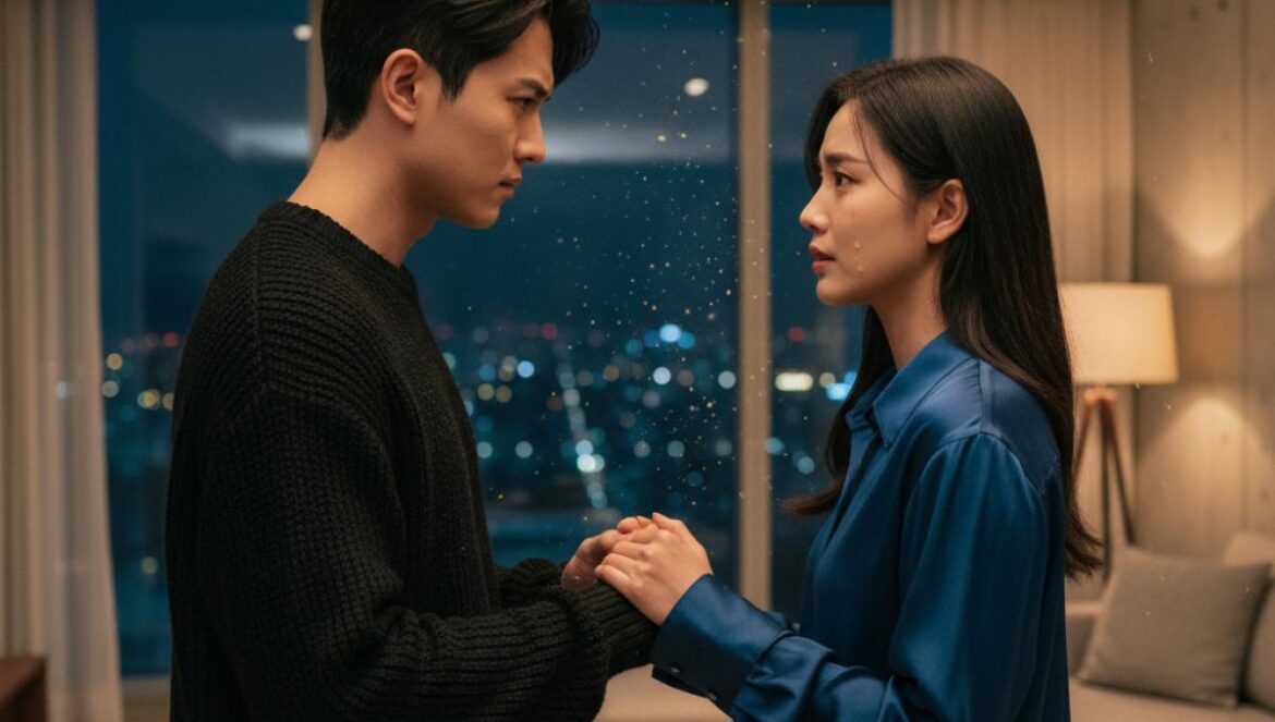 Genie, Make a Wish en Netflix: del tropiezo inicial al giro emotivo que enciende el fandom (sí, mejora) Pareja joven asiática conversa con tensión y ternura en un salón nocturno, con un brillo mágico sutil alrededor.